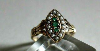 Vintage 9ct Gold Ring.  Emeralds And Natural Seed Pearls.  Size M.