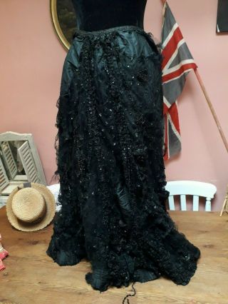 Antique Victorian Skirt Black Taffeta Sequin Tulle Vintage Fabric