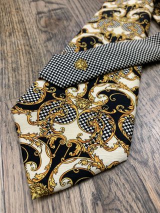 Vintage Early 90’s Gianni Versace Silk Tie Baroque Medusa Head Black Gold Check