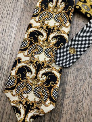 Vintage Early 90’s GIANNI VERSACE Silk Tie Baroque Medusa Head Black Gold Check 2