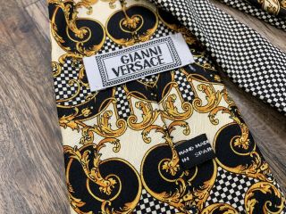 Vintage Early 90’s GIANNI VERSACE Silk Tie Baroque Medusa Head Black Gold Check 5