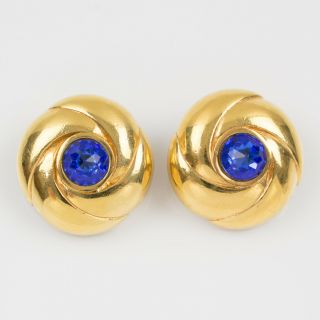 Vintage Courreges Paris Signed Clip On Earrings Gilt Metal And Blue Rhinestone