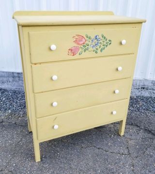 Vtg Hardwood Yellow Painted Rose Flower 4 Drawer Dresser Bureau
