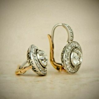 14k White Gold Over Antique Vintage Art Deco 4.  0ctw Diamond Halo Earrings 1920 