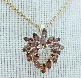 AWESOME Red Garnet & Diamonds 14Kt Gold Cluster necklace Pendant Vintage 4