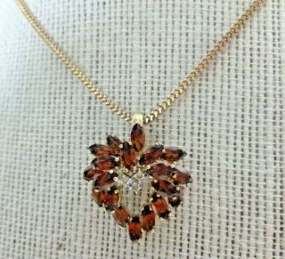 AWESOME Red Garnet & Diamonds 14Kt Gold Cluster necklace Pendant Vintage 8