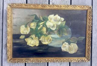 Antique Vintage Yellow Roses Oil Painting Framed Still Life Floral
