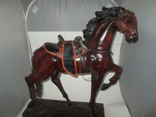 Leather Horse Carved Wood Sculpture Mexican Folk Art Statue With Saddle Vtg