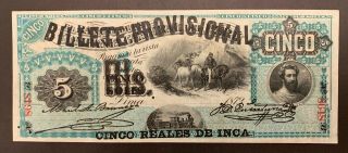 Peru 5 Reales 1873 Banknote Aunc Rare