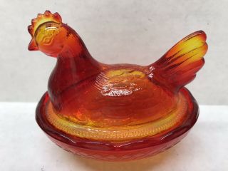 Vintage Chicken Hen On Nest Covered Candy Dish Red,  Orange,  4” Long