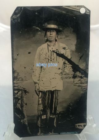 Antique Tintype Photo Native American Indian W Hat Symbols Pant Kiowa Big Tree?