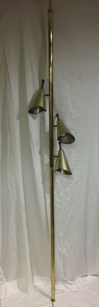 Vintage Mid Century Modern Tension Gold Tone Metal 3 Light Pole Lamp Wood Tip