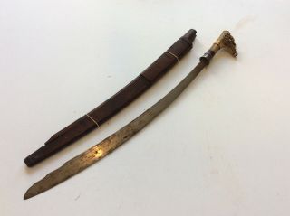 Rare Old Antique Dayak Dyak Borneo Mandau Sword Curved Blade Silver Mount