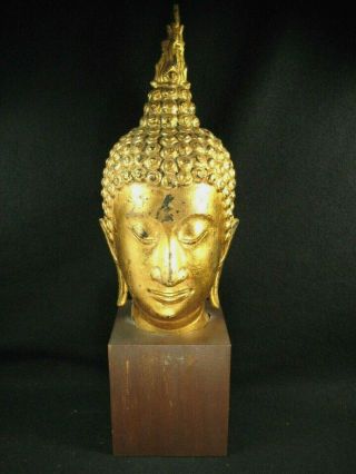 Vintage Gilded Bronze Sukhothai Buddha Head On Teak Wood Stand