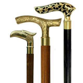 Set Of 3 Vintage Antiquebrass Handle Knob Walking Cane Wooden Stick Solid Gift