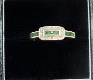 Vintage 9ct Yellow Gold Emerald And Diamond Ring.  Size S.