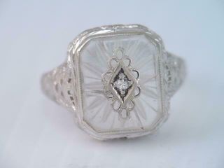 Antique Art Deco 14k White Gold Filigree Diamond Camphor Glass Ring