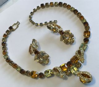 Vintage Eisenberg Signed Yellow Gold And Topaz Rhinestone Necklace & Earrings