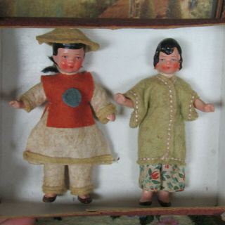 Antique Hertwig Chinese Doll Pair Box Vtg Bisque 30s 40s German Dollhouse Couple