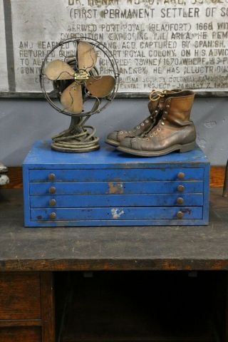 Vintage Industrial Metal Cabinet Blue With 4 Drawers Parts Bin Drafting Map Etc