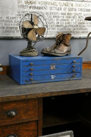 Vintage Industrial Metal Cabinet Blue with 4 Drawers Parts bin Drafting Map Etc 2