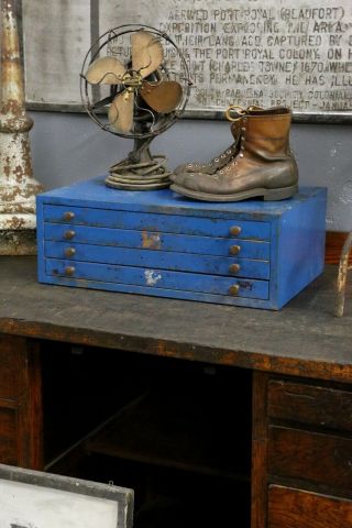 Vintage Industrial Metal Cabinet Blue with 4 Drawers Parts bin Drafting Map Etc 3