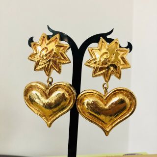 Christian Lacroix Vintage Earrings Clip On Large Gold Tone Heart Star Dangling