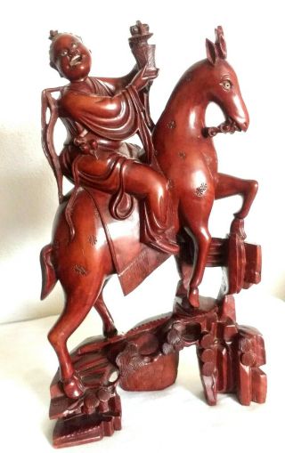 Vintage Chinese Hand Carved Wood Horse And Rider Statue 13.  5 "