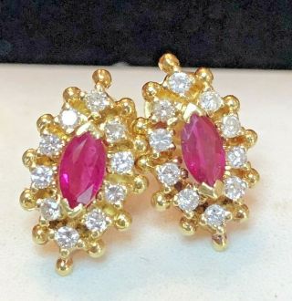 Vintage Estate 18k Gold Natural Red Ruby & Diamond Earrings Navette