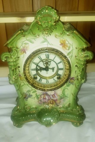 Gorgeous Antique Ansonia Royal Bonn La Tosca Porcelain Clock Visible Escapement