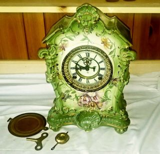 Gorgeous Antique Ansonia Royal Bonn LA TOSCA porcelain clock visible escapement 2