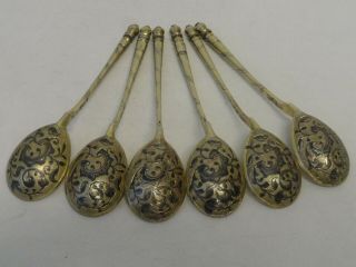 Set Of 6 Antique Russian Silver 84 Niello Enamel Spoons 143 Grams Circa 1844