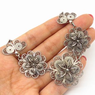 Vtg 925 Sterling Silver Filigree Floral Design Rolo Link Chain Necklace 16 "