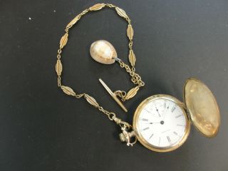 Antique 17 Jewel American Waltham Pocket Watch Etched Deer Side Winder & Fob