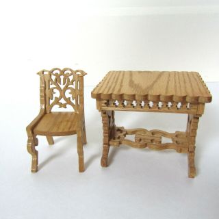 Antique? Vtg Carved Fretwork Oak Wood Doll Desk Table Chair Dollhouse Furniture