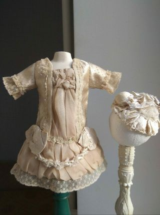 Gorgeous Antique Doll Dress And Hat,  Silk,  German Or French Antique Doll