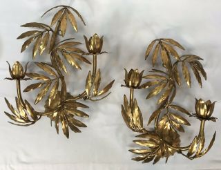 Pair Vintage Italian Gilt Gold Metal Tole Faux Bamboo Wall Sconces Metal Tags