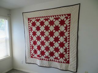 Vintage Hand Stitched Quilt Tapestry In Red & White - Star