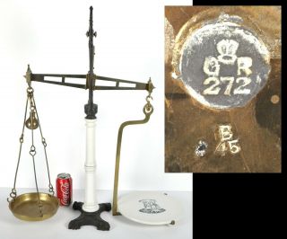 Antique Equal Arm Balance Scale English Class C Porcelain Brass Iron 7 Lbs 31 "