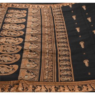 Sanskriti Vintage Black Heavy Saree Pure Silk 5 Yd Fabric Woven Baluchari Sari