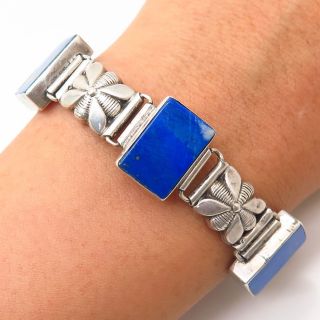 Vtg 925 Sterling Silver Real Lapis Lazuli Gem Floral Design Link Bracelet 6 3/4 "