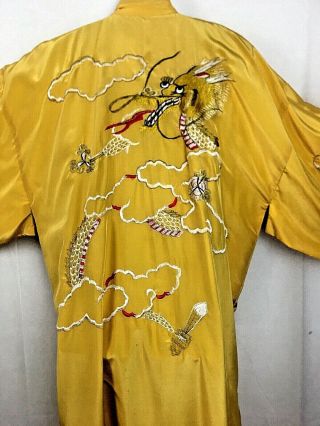 Vintage Kimono Japanese Robe Yellow Gold Acetate Embroidered Dragon Clouds Sword