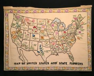 Vintage Usa 48 State Flower Map Embroidered Sampler.