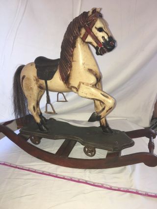 Antique Rocking Horse 1930s Vintage Wooden Leather Real Hair Brass Stirrups Toy