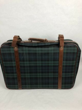 Vintage Polo RALPH LAUREN Green Tartan Plaid Leather Luggage Suitcase Bag 2