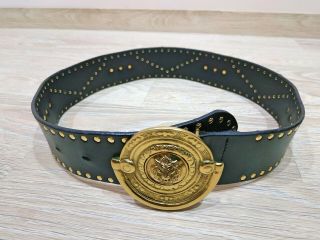 Vintage Rare Versus By Gianni Versace Gold Tone Lion Head Black Leather Belt
