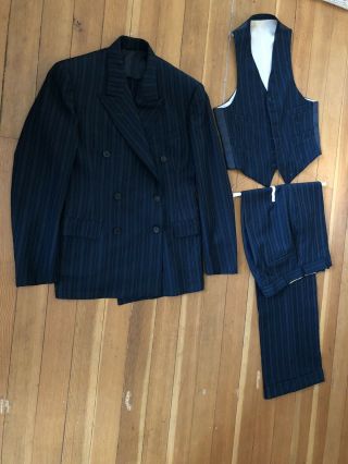 Vintage 1930’s - 40’s 3 Piece Suit Dark Blue Striped Wool Jacket 38,  Pant 30x35