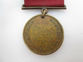 Antique US Navy Military Good Conduct Medal w/ 1910 U.  S.  S.  Choctaw Engraving 7