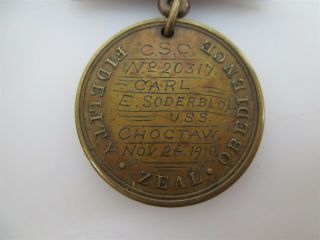 Antique US Navy Military Good Conduct Medal w/ 1910 U.  S.  S.  Choctaw Engraving 8