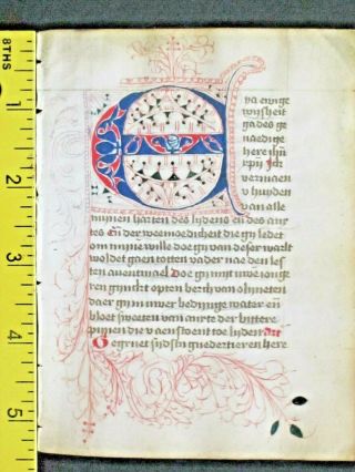 Rare Ca.  1450 Manuscript Leaf In The Vernacular With Large Decorative Initial